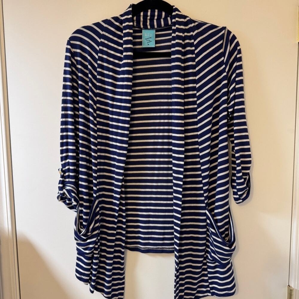 H.I.P. Striped Waterfall Cardigan Women’s M Navy White Pockets Roll Tab Sleeve